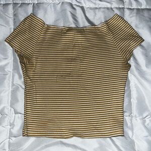 Brandy Melville Brown and White Off the Shoulder Crop Fitted T-Shirt